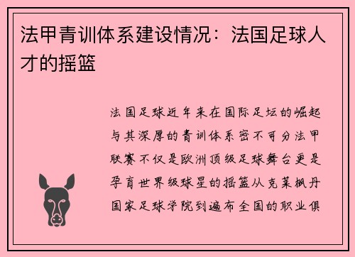 法甲青训体系建设情况：法国足球人才的摇篮